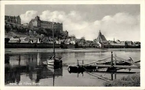 Ak Posta Pirna in Sachsen, An der Fähre, Schloss, Segelboot