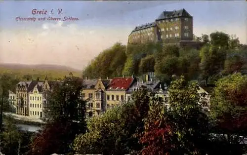 Ak Greiz im Vogtland, Elstersteig und Oberes Schloss