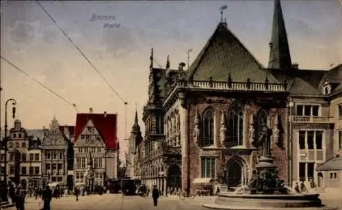 Ak Hansestadt Bremen, Marktplatz, s Rathaus, Brunnen, Menschen, Straßenbahn