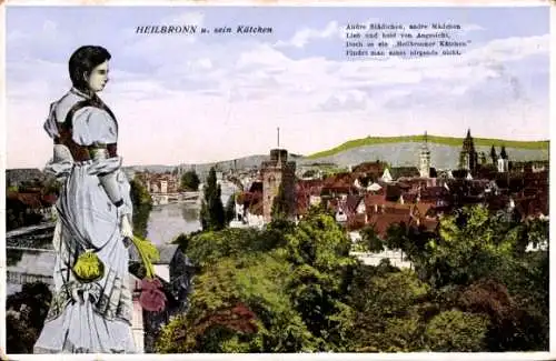 Ak Heilbronn am Neckar, Stadtansicht von  Kätchen von Heilbronn in traditioneller Kleidung