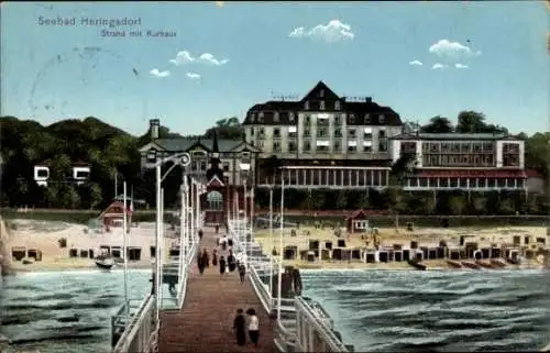 Ak Ostseebad Heringsdorf auf Usedom, Seebad  Strand mit Kurhaus, Blick auf Gebäude und Pier