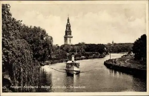 Ak Potsdam, Havel, Heilige Geistkirche, Hatowturm, Schiff auf dem Wasser