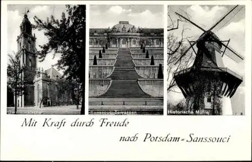 Ak Potsdam Sanssouci, Garnisonkirche, Sanssouci Terrassen, Historische Windmühle