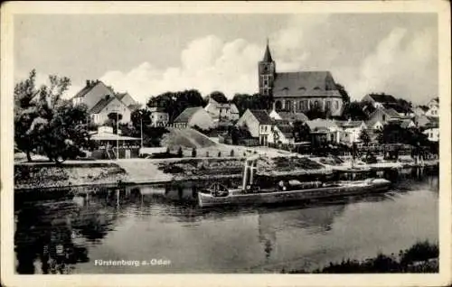 Ak Fürstenberg an der Oder Eisenhüttenstadt in Brandenburg, Teilansicht, Kirche, Dampfschiff