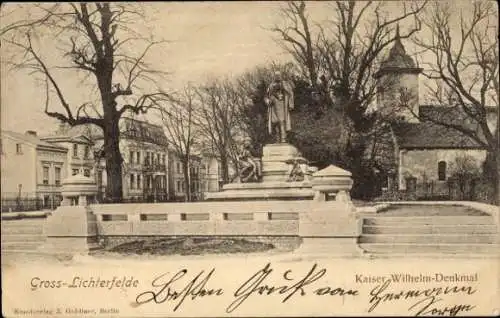 Ak Berlin Steglitz Lichterfelde, Kaiser Wilhelm-Denkmal, monument, Bäume, Kunstverlag J. Goldiner