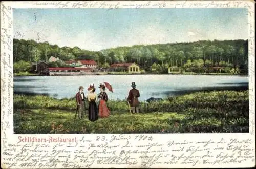 Ak Berlin Wilmersdorf Grunewald Schildhorn, Schildhorn Restaurant, Gruppe am Ufer