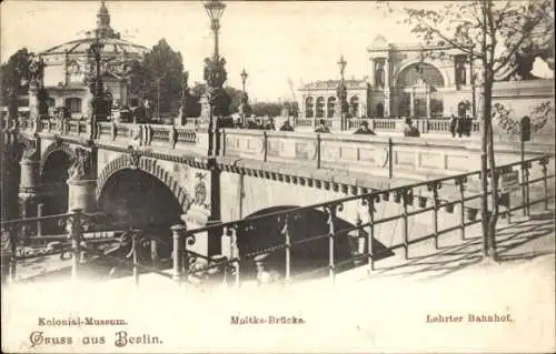 Ak Berlin Tiergarten Moabit, Moltkebrücke, Kolonialmuseum, Lehrter Bahnhof