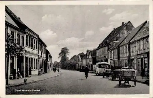 Ak Hansestadt Seehausen Altmark, Straßenpartie mit Geschäften im Ort
