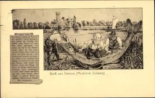 Ak Teterow in Mecklenburg, Fischer mit Hecht,  Darstellung, 1350, Glocke um den Hals, Stadt,Teter