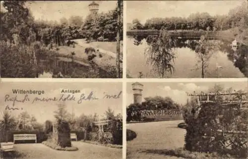 Ak Wittenberge an der Elbe Prignitz, Wasseransicht, Parkanlagen, Gartenlandschaft, Wasserturm