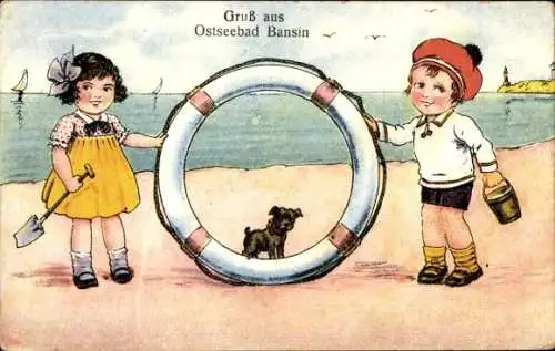 Ak Ostseebad Bansin auf Usedom, Kinder, kleiner Hund, Rettungsring, Strand