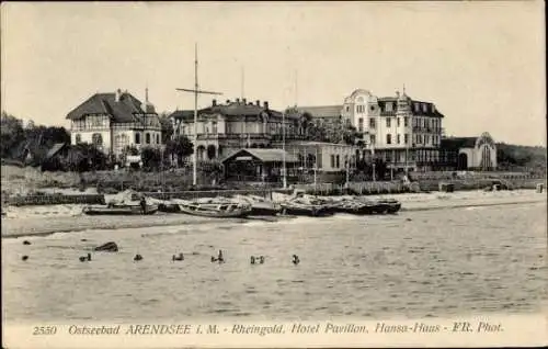 Ak Ostseebad Arendsee Kühlungsborn, Rheingold, Hotel Pavillon, Hansa-Haus, Strand