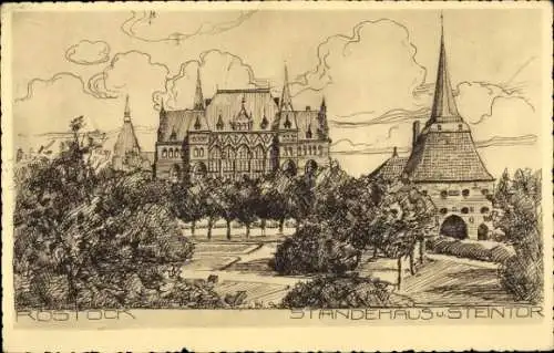 Künstler Ak Rostock, Standehaus und Steintor