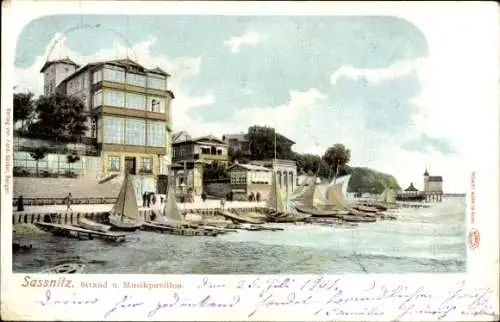 Ak Sassnitz Insel Rügen, Strand und Musikpavillon, Segelboote