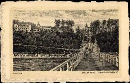 Ak Ostseebad Sellin auf Rügen, Zeichnung von  Strand mit Brücke, Küstenarchitektur