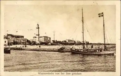 Ak Ostseebad Warnemünde Rostock, Ansicht von  Leuchtturm, Segelschiff