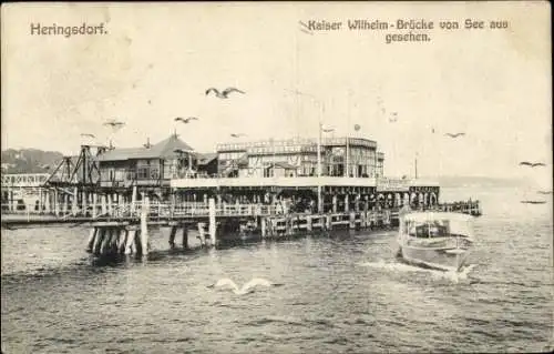 Ak Ostseebad Heringsdorf auf Usedom, Kaiser Wilhelm-Brücke, Boote, See, Vögel