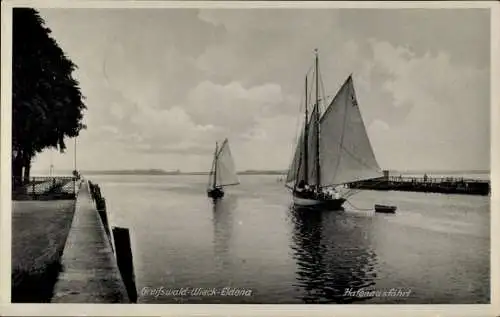 Ak Wieck Eldena Greifswald, Hafenausfahrt, Segelboote