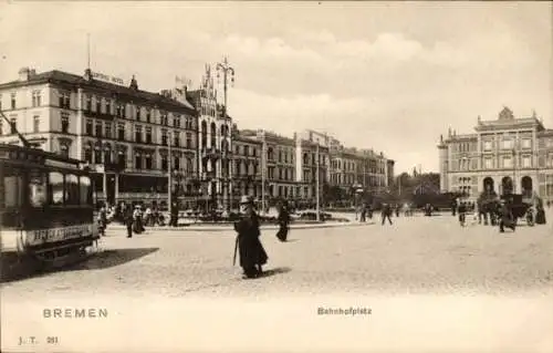 Ak Hansestadt Bremen, Bahnhofplatz,  Gebäude, Straßenbahn, Fußgänger, belebter Platz
