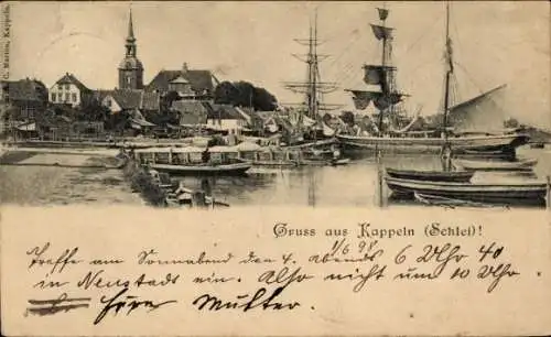 Ak Kappeln an der Schlei, Hafenansicht von Kappeln, Segelschiffe,  Architektur