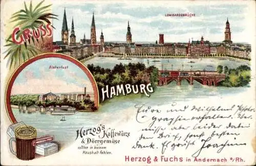Ak Hamburg Mitte Altstadt,  mit Hafenansicht, Lombardsbrücke, Alster, Gebäude der Stadt, Werbung