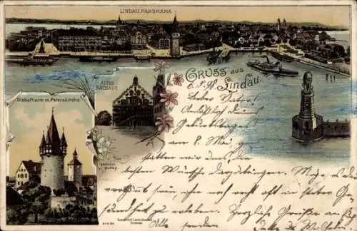 Ak Lindau am Bodensee Schwaben, Lindauer Panorama, Altes Rathaus, Diebsturm mit Peterskirche