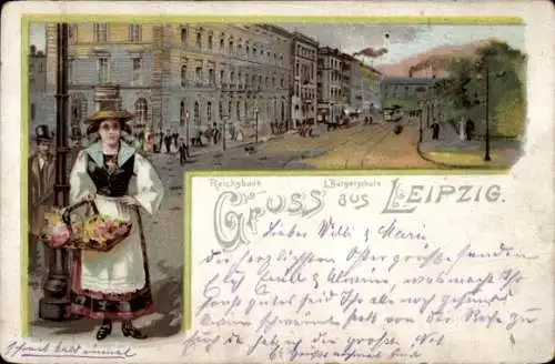 Ak Leipzig, Viktorianische Frau mit Korb, Stadtansicht, Gruß aus Leipzig
