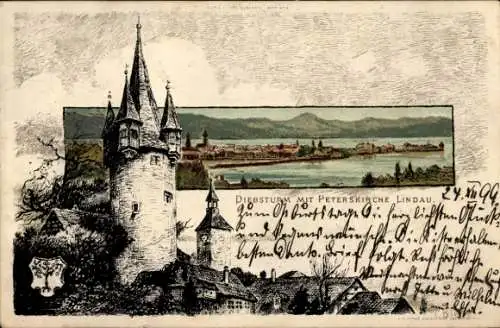 Ak Lindau am Bodensee Schwaben, Diebsturm mit Peterskirche,  Ansicht, detaillierte Zeichnung
