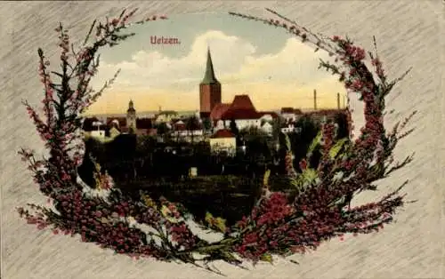 Ak Uelzen in Niedersachsen, Stadtansicht mit Kirche, bunte Blumenrahmung,  