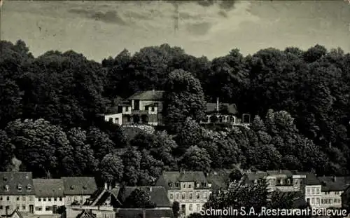 Ak Schmölln in der Oberlausitz, Restaurant Bellevue, bewaldete Hügel,  Architektur, Deutschlands 