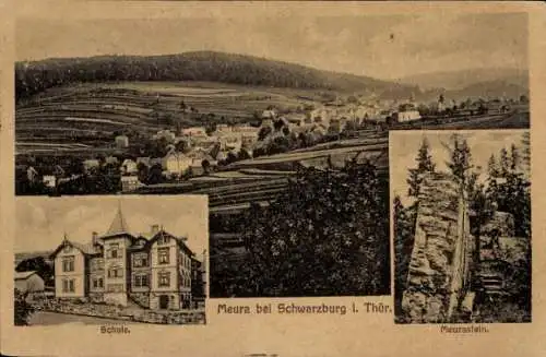 Ak Meura in Thüringen, Gesamtansicht, Meurastein, Schule