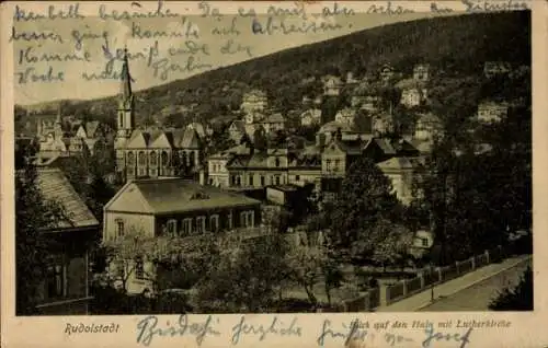 Ak Rudolstadt in Thüringen, Blick auf den Hain mit Lutherkirche,  Stadtansicht, viele Häuser