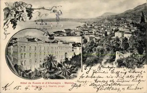 Ak Menton Alpes Maritimes, Hotel de Russie et d'Allemagne, mediterrane Architektur, Palmbaum