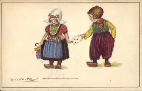 Künstler Ak Mauzan, Kinder in Tracht, Brief