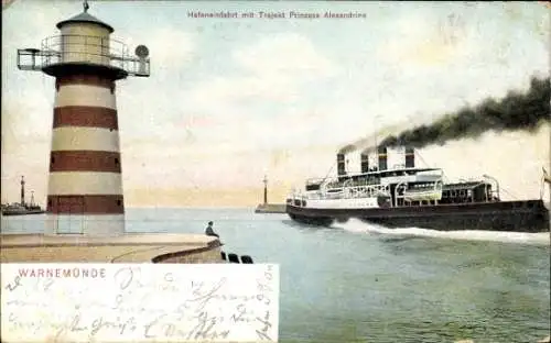 Ak Ostseebad Warnemünde Rostock, Hafeneinfahrt, Trajekt Prinzess Alexandrine, Leuchtturm, Schiff