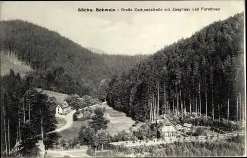 Ak Sebnitz Sächsische Schweiz, Große Zschandstraße mit Zeughaus und Forsthaus, Panorama