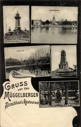 Ak Berlin Köpenick, Müggelberge, Streichhan's-Restaurant, Bismarckwarte, Müggelturm, Marienlust