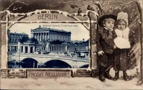 Passepartout Ak Berlin Mitte, Nationalgalerie, Friedrichsbrücke, Prosit Neujahr