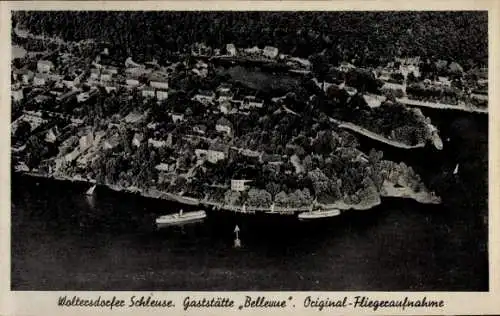 Ak Woltersdorf bei Berlin, Woltersdorfer Schleuse, Gaststätte Bellevue, Fliegeraufnahme