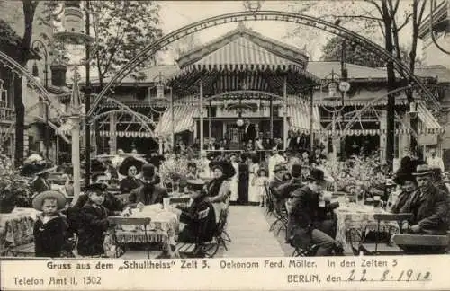 Ak Berlin Tiergarten, Schultheiss Zelt 3, Ökonom Ferd. Möller, In den Zelten 3, Gäste