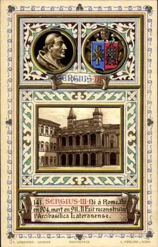 Litho Papst Sergius III., Portrait, Wappen