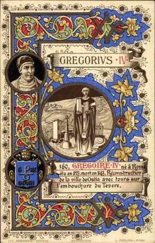 Litho Papst Gregor IV, Portrait, Wappen