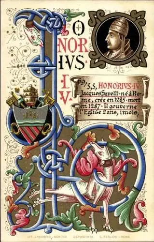 Litho Papst Honorius IV, Portrait, Wappen