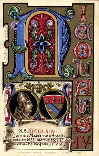 Litho Papst Nikolaus IV., Portrait, Wappen