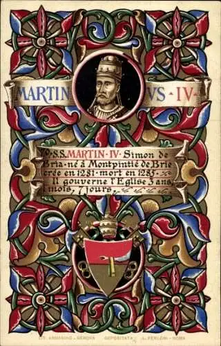 Litho Papst Martin IV., Portrait, Wappen