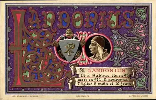 Litho Papst Lando, Portrait, Wappen
