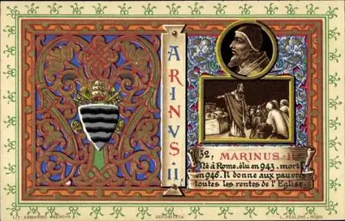 Litho Papst Marinus II., Portrait, Wappen