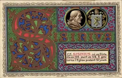 Litho Papst Sisinnius, Portrait, Wappen