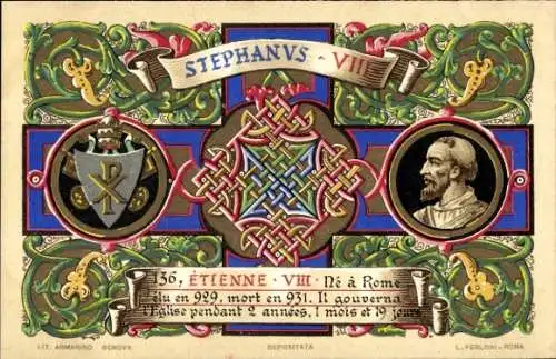 Litho Papst Stephan VIII., Portrait, Wappen
