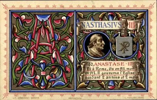 Litho Papst Anastasius III., Portrait, Wappen